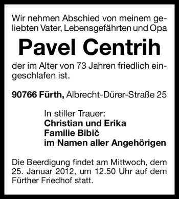 Traueranzeige von Pavel Centrih von Fürther Nachrichten Lokal