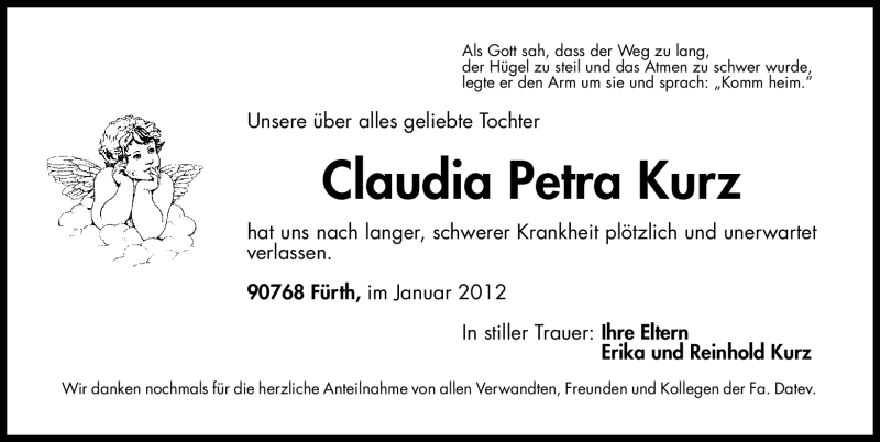  Traueranzeige für Claudia Petra Kurz vom 25.01.2012 aus Fürther Nachrichten Lokal
