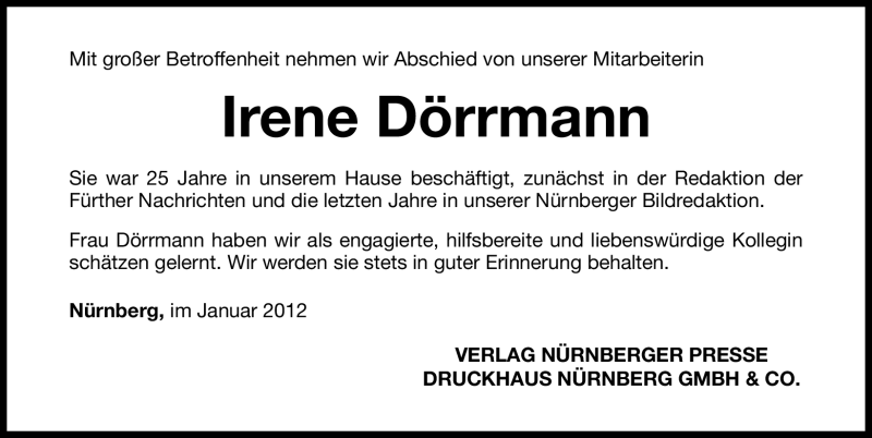  Traueranzeige für Irene Dörrmann vom 24.01.2012 aus Gesamtausgabe Nürnberger Nachrichten / Nürnberger Zeitung