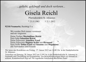 Traueranzeige von Gisela Reichl von Neumarkter Nachrichten Lokal