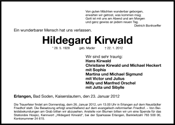 Traueranzeige von Hildegard Kirwald von Erlanger Nachrichten Lokal