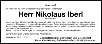 Traueranzeige von Nikolaus Iberl von Neumarkter Nachrichten Lokal