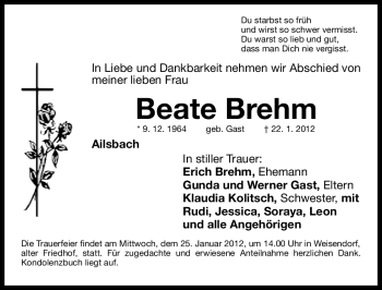Traueranzeige von Beate Brehm von Nordbayerische Nachrichten Herzogenaurach Lokal