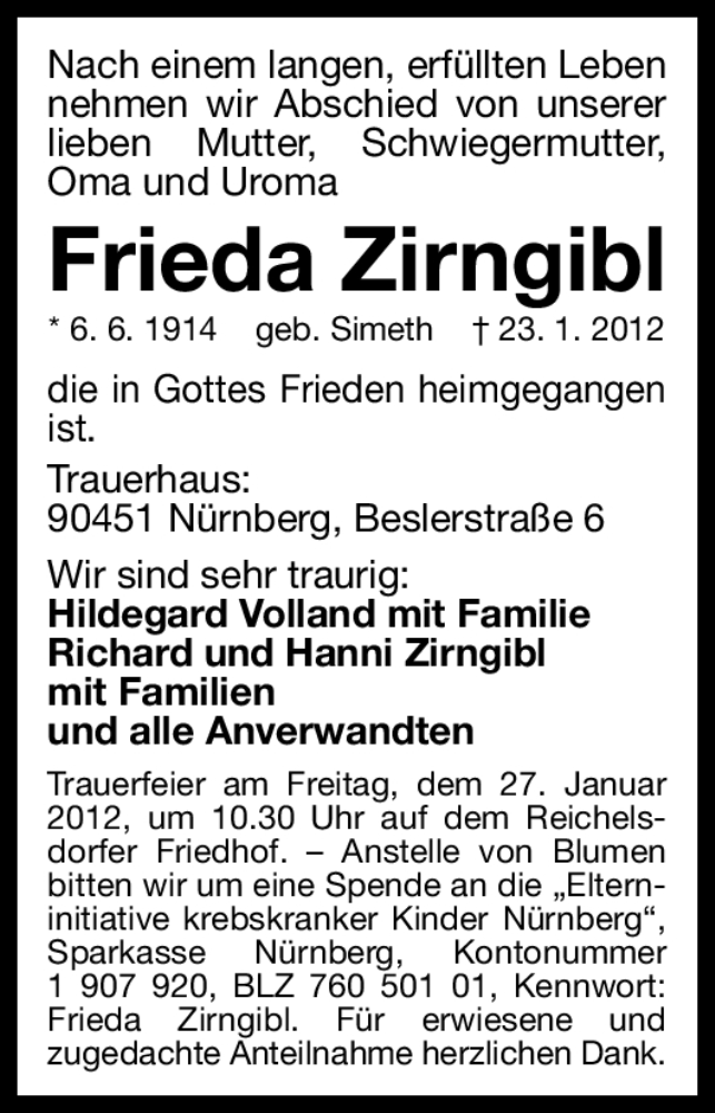  Traueranzeige für Frieda Zirngibl vom 25.01.2012 aus Gesamtausgabe Nürnberger Nachrichten / Nürnberger Zeitung