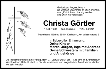 Traueranzeige von Christa Görtler von Gesamtausgabe Nürnberger Nachrichten / Nürnberger Zeitung