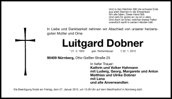 Traueranzeige von Luitgard Dobner von Gesamtausgabe Nürnberger Nachrichten / Nürnberger Zeitung