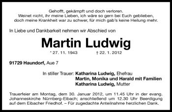 Traueranzeige von Martin Ludwig von Gesamtausgabe Nürnberger Nachrichten / Nürnberger Zeitung