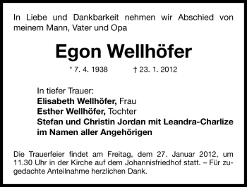 Traueranzeige von Egon Wellhöfer von Gesamtausgabe Nürnberger Nachrichten / Nürnberger Zeitung