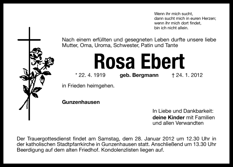  Traueranzeige für Rosa Ebert vom 26.01.2012 aus Altmühl-Bote Lokal