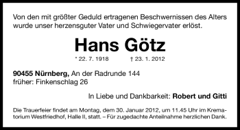 Traueranzeigen von Hans Götz trauer.nn.de