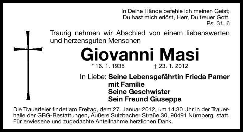  Traueranzeige für Giovanni Masi vom 26.01.2012 aus Gesamtausgabe Nürnberger Nachrichten / Nürnberger Zeitung