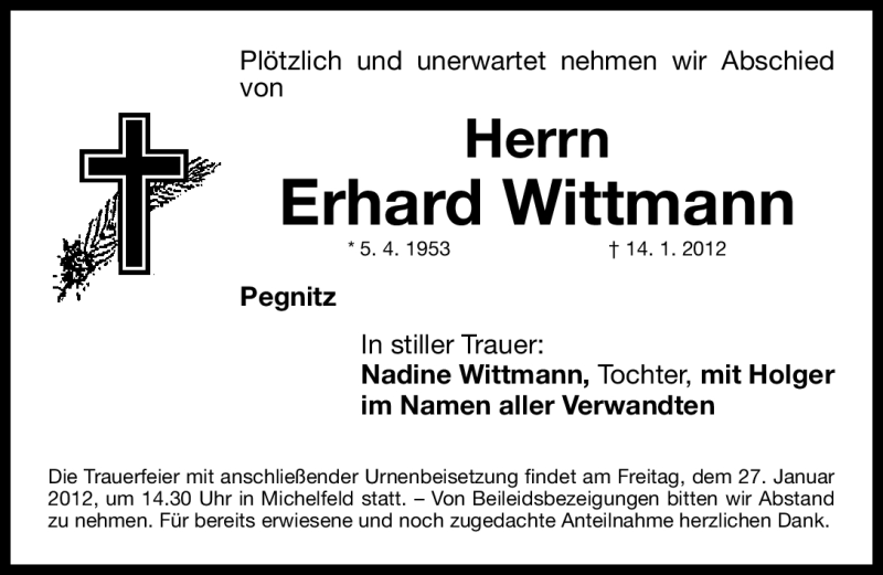  Traueranzeige für Erhard Wittmann vom 26.01.2012 aus Nordbayerische Nachrichten Pegnitz Lokal