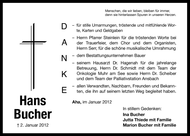 Traueranzeige für Hans Bucher vom 28.01.2012 aus Altmühl-Bote Lokal
