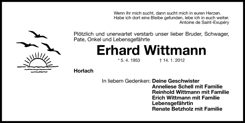  Traueranzeige für Erhard Wittmann vom 27.01.2012 aus Nordbayerische Nachrichten Pegnitz Lokal