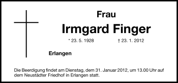 Traueranzeige von Irmgard Finger von Erlanger Nachrichten Lokal