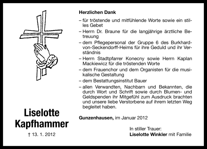  Traueranzeige für Liselotte Kapfhammer vom 28.01.2012 aus Altmühl-Bote Lokal