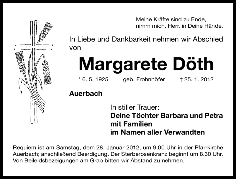  Traueranzeige für Margarete Döth vom 27.01.2012 aus Nordbayerische Nachrichten Pegnitz Lokal