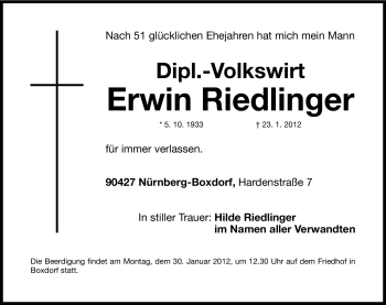 Traueranzeige von Erwin Riedlinger von Gesamtausgabe Nürnberger Nachrichten / Nürnberger Zeitung