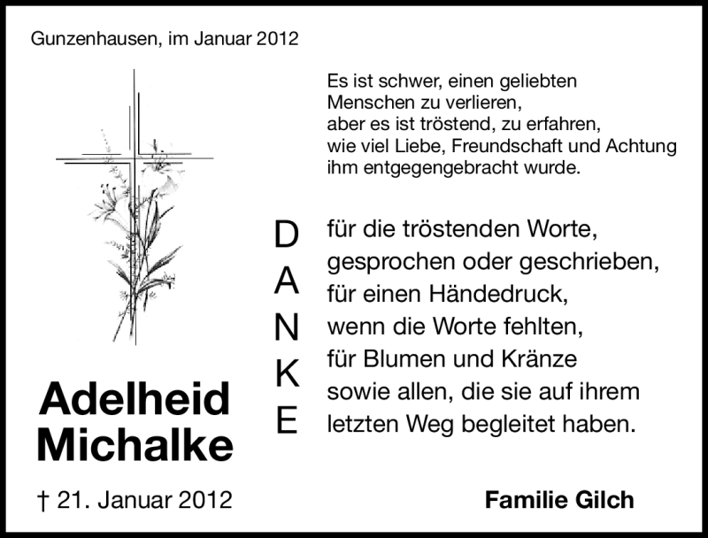  Traueranzeige für Adelheid Michalke vom 28.01.2012 aus Altmühl-Bote Lokal