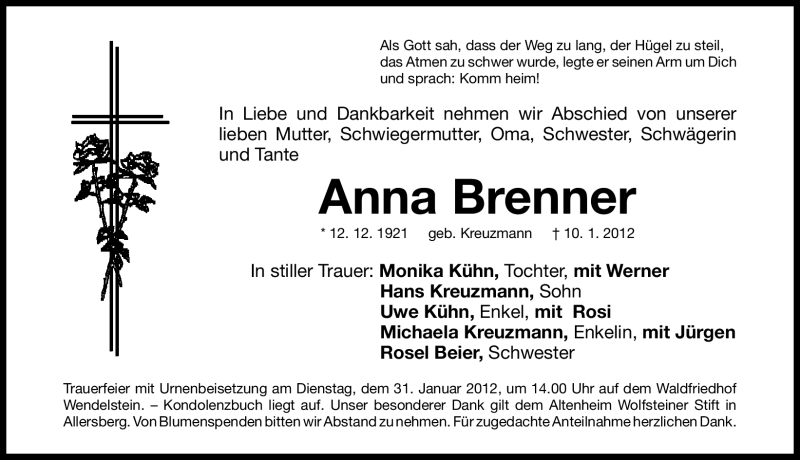  Traueranzeige für Anna Brenner vom 28.01.2012 aus Roth-Hilpoltsteiner Volkszeitung Lokal