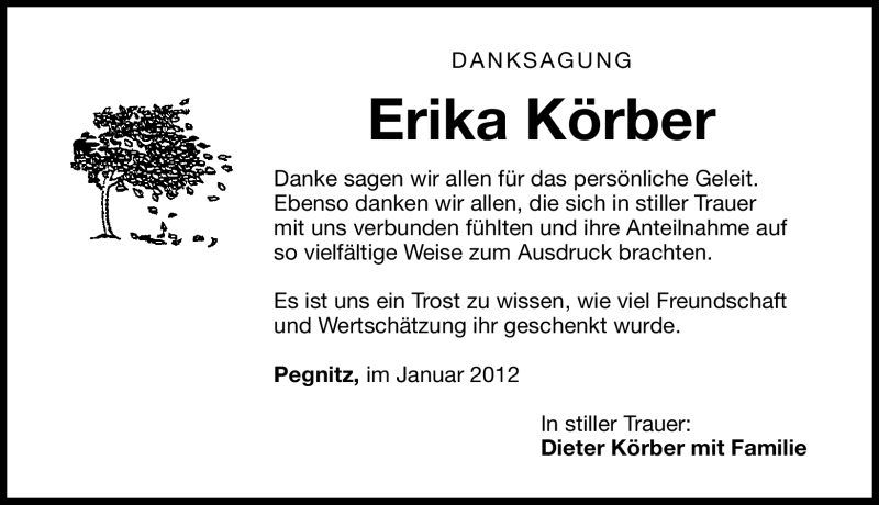  Traueranzeige für Erika Körber vom 28.01.2012 aus Nordbayerische Nachrichten Pegnitz Lokal