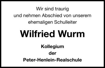 Traueranzeige von Wilfried Wurm von Gesamtausgabe Nürnberger Nachrichten / Nürnberger Zeitung