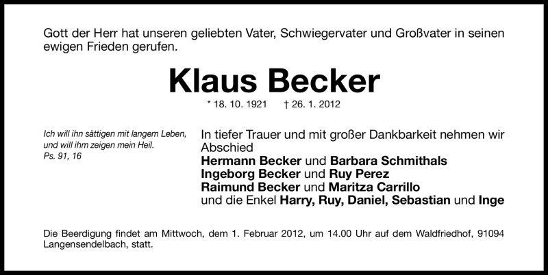  Traueranzeige für Klaus Becker vom 30.01.2012 aus Erlanger Nachrichten Lokal