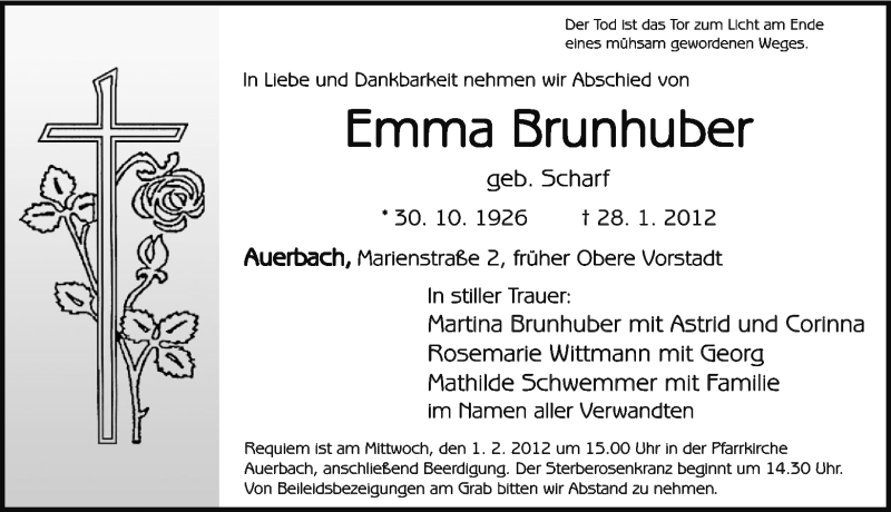  Traueranzeige für Emma Brunhuber vom 30.01.2012 aus Nordbayerische Nachrichten Pegnitz Lokal