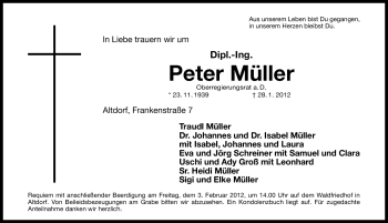 Traueranzeige von Peter Müller von Gesamtausgabe Nürnberger Nachrichten / Nürnberger Zeitung