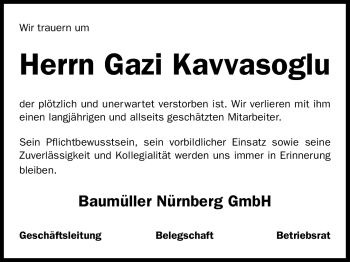 Traueranzeige von Gazi Kavvasoglu von Gesamtausgabe Nürnberger Nachrichten / Nürnberger Zeitung