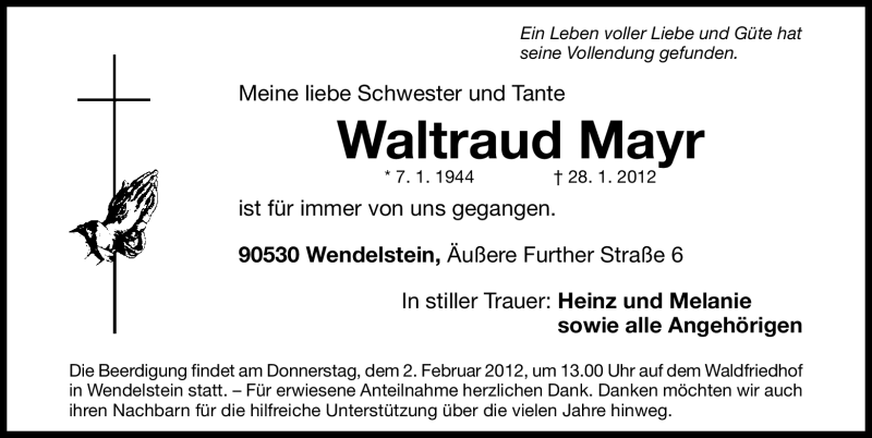  Traueranzeige für Waltraud Mayr vom 31.01.2012 aus Gesamtausgabe Nürnberger Nachrichten / Nürnberger Zeitung