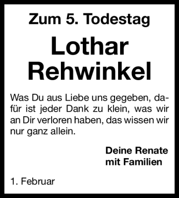 Traueranzeige von Lothar Rehwinkel von Erlanger Nachrichten Lokal