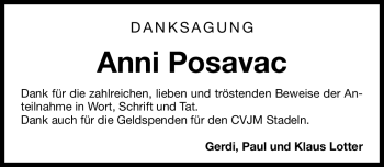Traueranzeige von Anni Posavac von Fürther Nachrichten Lokal