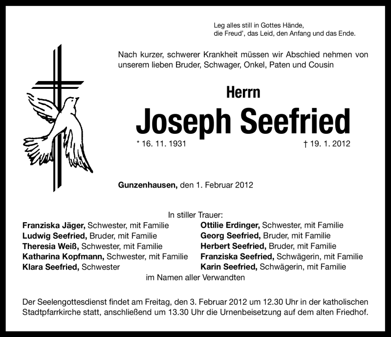  Traueranzeige für Joseph Seefried vom 01.02.2012 aus Altmühl-Bote Lokal