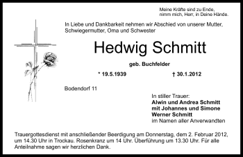 Traueranzeige von Hedwig Schmitt von Nordbayerische Nachrichten Pegnitz Lokal