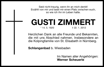 Traueranzeige von Gusti Zimmert von Gesamtausgabe Nürnberger Nachrichten / Nürnberger Zeitung