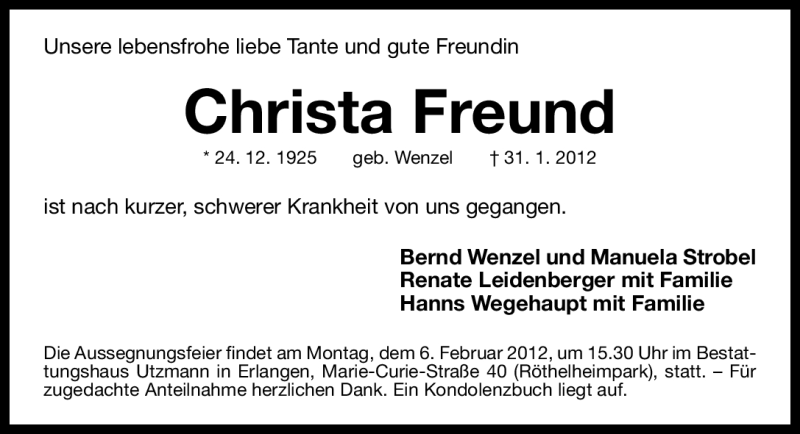  Traueranzeige für Christa Freund vom 03.02.2012 aus Gesamtausgabe Nürnberger Nachrichten / Nürnberger Zeitung
