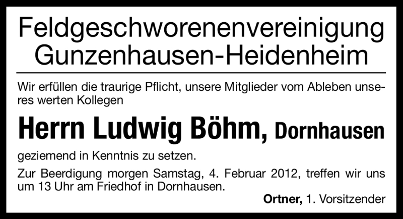  Traueranzeige für Ludwig Böhm vom 03.02.2012 aus Altmühl-Bote Lokal