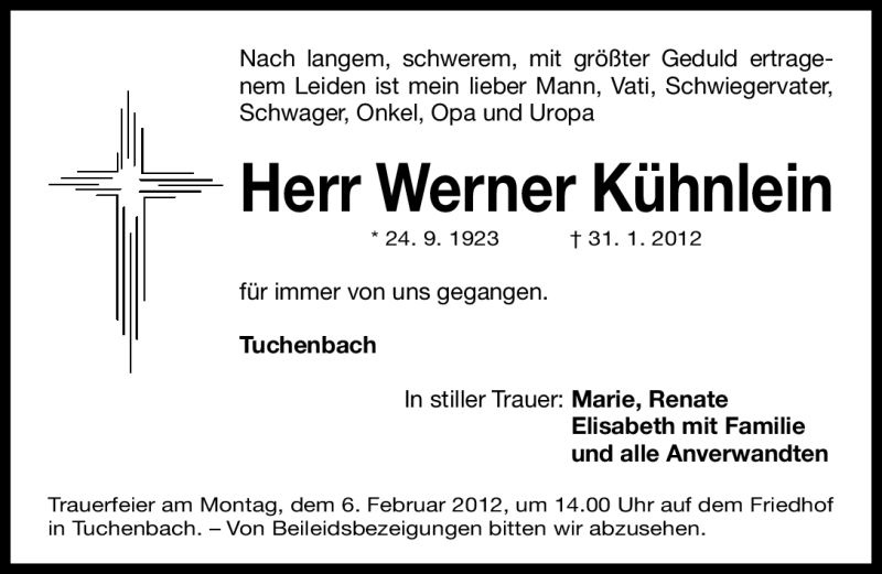  Traueranzeige für Werner Kühnlein vom 03.02.2012 aus Gesamtausgabe Nürnberger Nachrichten / Nürnberger Zeitung