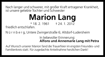 Traueranzeige von Marion Lang von Gesamtausgabe Nürnberger Nachrichten / Nürnberger Zeitung