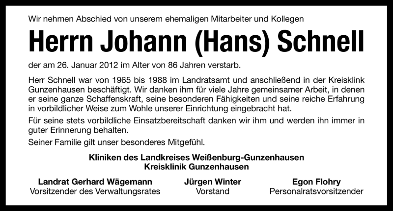  Traueranzeige für Johann Schnell vom 03.02.2012 aus Altmühl-Bote Lokal