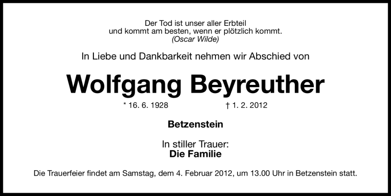  Traueranzeige für Wolfgang Beyreuther vom 03.02.2012 aus Nordbayerische Nachrichten Pegnitz Lokal