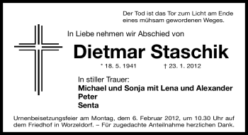 Traueranzeige von Dietmar Staschik von Gesamtausgabe Nürnberger Nachrichten / Nürnberger Zeitung