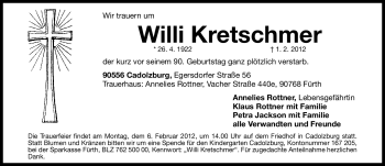 Traueranzeige von Willi Kretschmer von Fürther Nachrichten Lokal