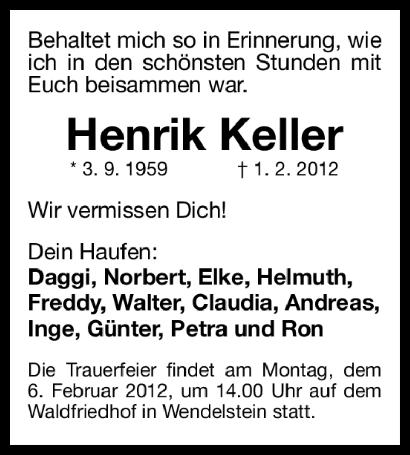  Traueranzeige für Henrik Keller vom 04.02.2012 aus Gesamtausgabe Nürnberger Nachrichten / Nürnberger Zeitung