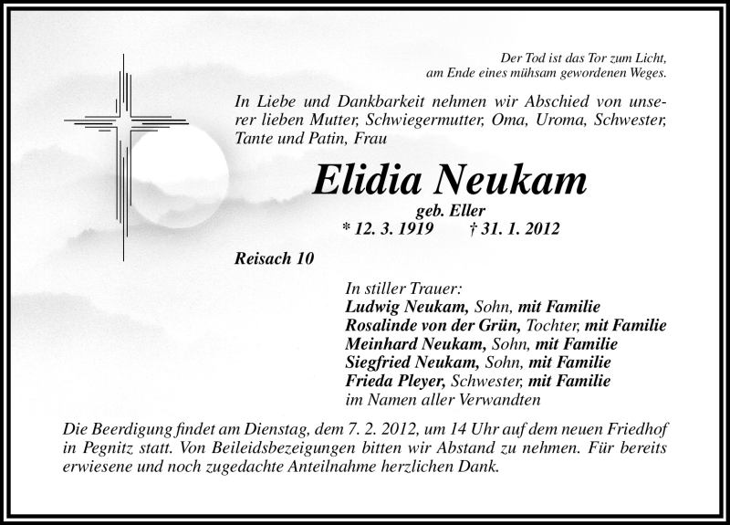  Traueranzeige für Elidia Neukam vom 04.02.2012 aus Nordbayerische Nachrichten Pegnitz Lokal