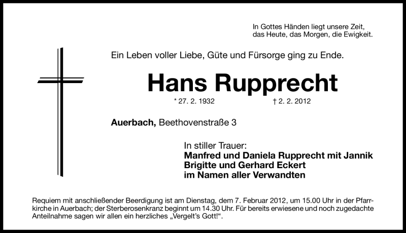  Traueranzeige für Hans Rupprecht vom 04.02.2012 aus Nordbayerische Nachrichten Pegnitz Lokal
