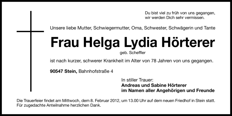  Traueranzeige für Lydia Hörterer vom 06.02.2012 aus Gesamtausgabe Nürnberger Nachrichten / Nürnberger Zeitung