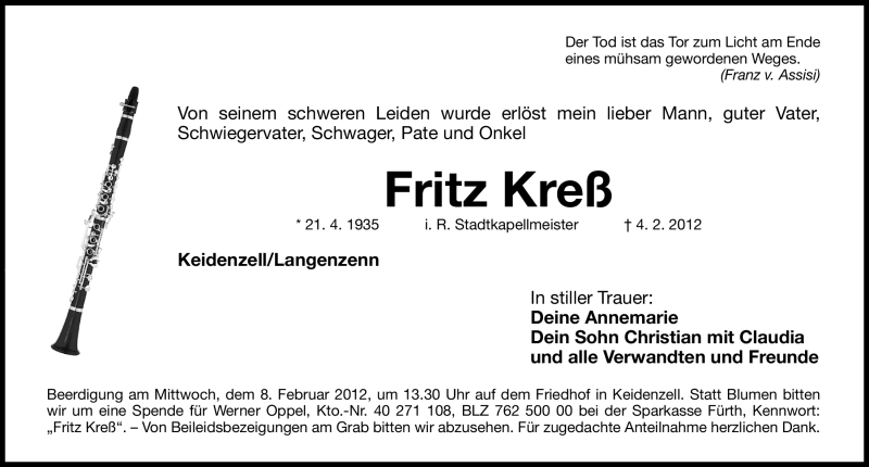  Traueranzeige für Fritz Kreß vom 06.02.2012 aus Fürther Nachrichten Lokal