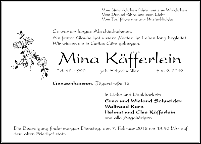  Traueranzeige für Mina Käfferlein vom 06.02.2012 aus Altmühl-Bote Lokal